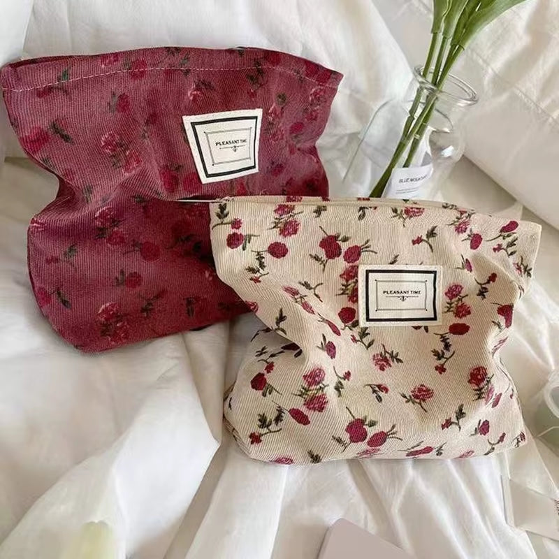 Sac À Cosmétiques En Velours Côtelé Pour Femmes, Pochette À Fleurs, Trousse De Beauté, Trousse De Toilette Mignonne, Grands Sacs D'Évaluation De Maquillage, Poudres Cosmétiques Coréennes