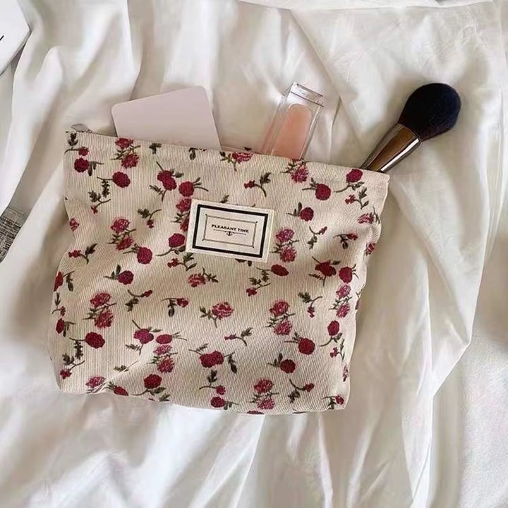 Sac À Cosmétiques En Velours Côtelé Pour Femmes, Pochette À Fleurs, Trousse De Beauté, Trousse De Toilette Mignonne, Grands Sacs D'Évaluation De Maquillage, Poudres Cosmétiques Coréennes