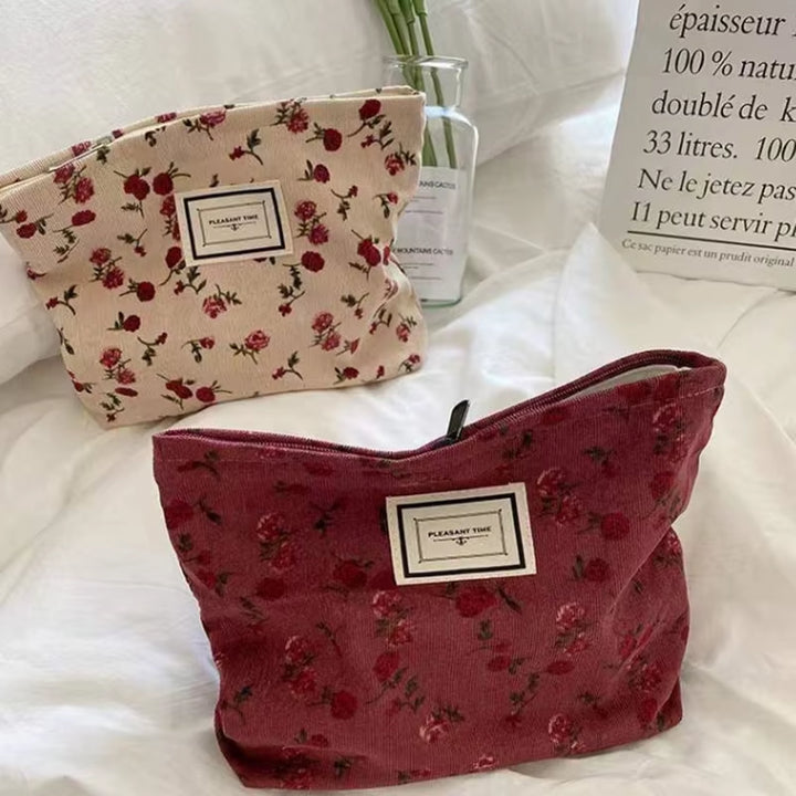 Sac À Cosmétiques En Velours Côtelé Pour Femmes, Pochette À Fleurs, Trousse De Beauté, Trousse De Toilette Mignonne, Grands Sacs D'Évaluation De Maquillage, Poudres Cosmétiques Coréennes