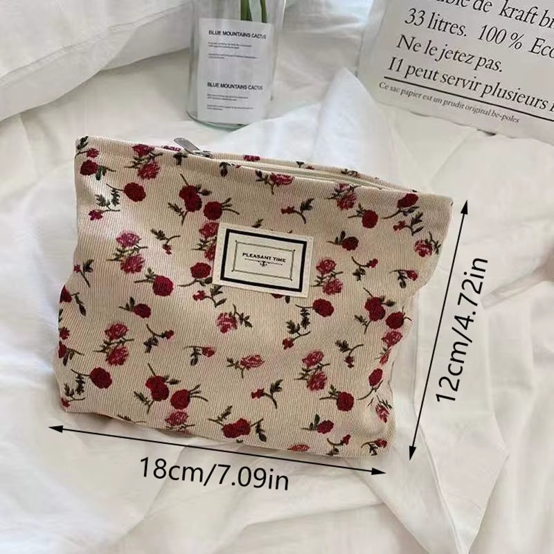 Sac À Cosmétiques En Velours Côtelé Pour Femmes, Pochette À Fleurs, Trousse De Beauté, Trousse De Toilette Mignonne, Grands Sacs D'Évaluation De Maquillage, Poudres Cosmétiques Coréennes